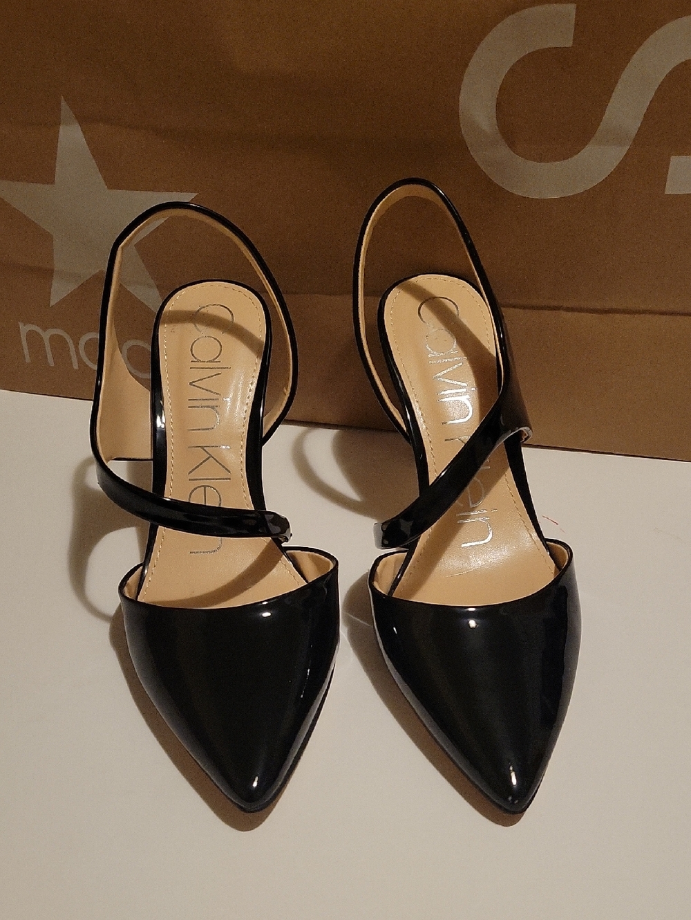 Calvin Klein Black Patent Pointed Slingback Heels